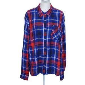 Como Vintage Preppy Navy and Red Plaid Button Down Shirt Size Large